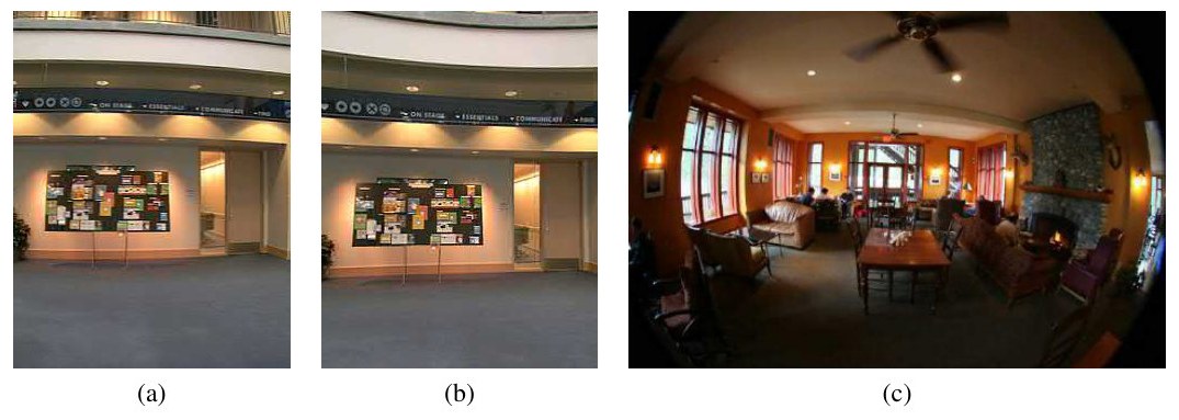 Three photos showing lens distortion: a straight view with barrel distortion, the same view with pincushion distortion, and a fisheye view of a room that covers almost 180 degrees