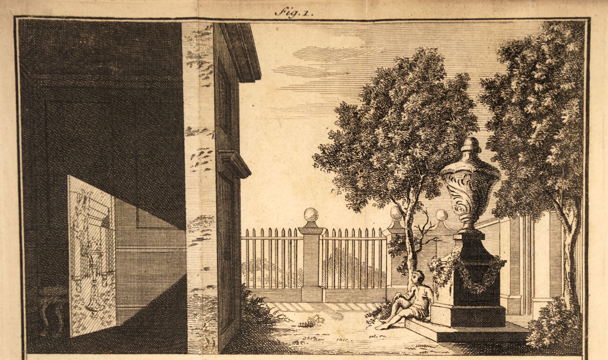 An old engraving of a camera obscura: a dark room with a small hole, and a picture of the garden outside on the wall